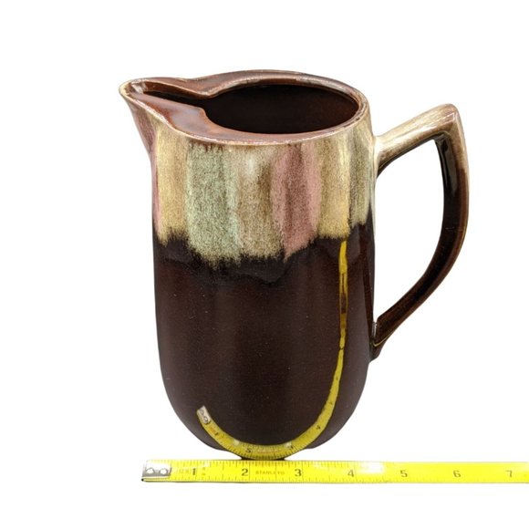 Brown Drip Redware Pitcher  w Ice Lip Color Splash Pink Green Glazed Terracotta - Picture 4 of 9